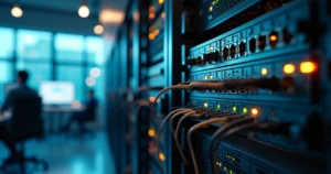 Dispositivo firewall UTM exibido em rack de dados com conexões de rede iluminadas em escritório corporativo moderno