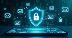 Interface digital ilustrando proteção antispam em e-mail corporativo com cadeado e escudo