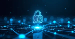 Conexão segura de VPN SSL exibida por cadeado digital sobre rede de dados com luzes azuis e fundo escuro