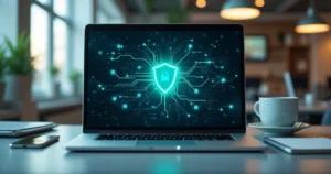 Laptop displaying antivirus software scanning a corporate network with shield and digital network icons