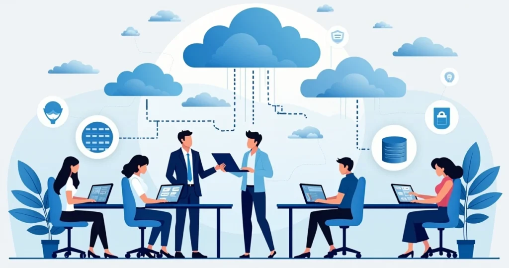 Illustration of diverse business professionals interacting with cloud computing icons and devices in an office environment