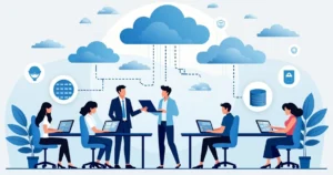 Illustration of diverse business professionals interacting with cloud computing icons and devices in an office environment