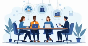 Corporate team collaborating on IT services with digital network and cloud icons