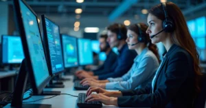 Help desk support team working at computers with multiple screens displaying ticket management and AI automation tools in a high-tech office