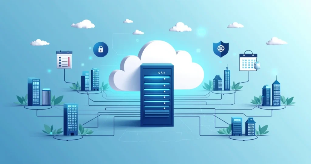 Flat illustration of cloud backup with secure data flows and encryption symbols