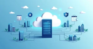 Flat illustration of cloud backup with secure data flows and encryption symbols