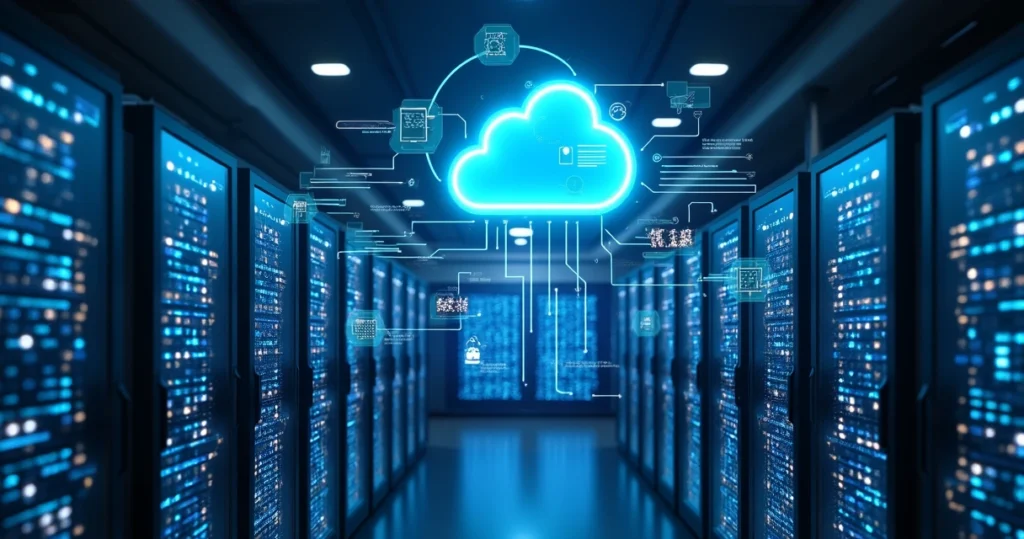 High-tech data center with multiple servers connected to cloud backup system emitting secure data signals