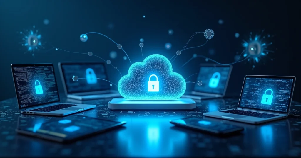 Illustration of cloud storage icons connected to multiple digital devices with secure data transfer