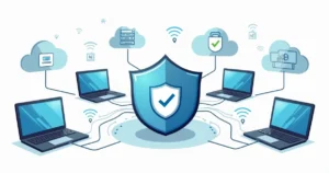 Illustration of a secure corporate network with antivirus shield protecting computers and wireless connections