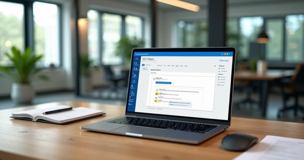 Close-up of a modern office desk with a laptop showing Microsoft 365 email interface and migration progress