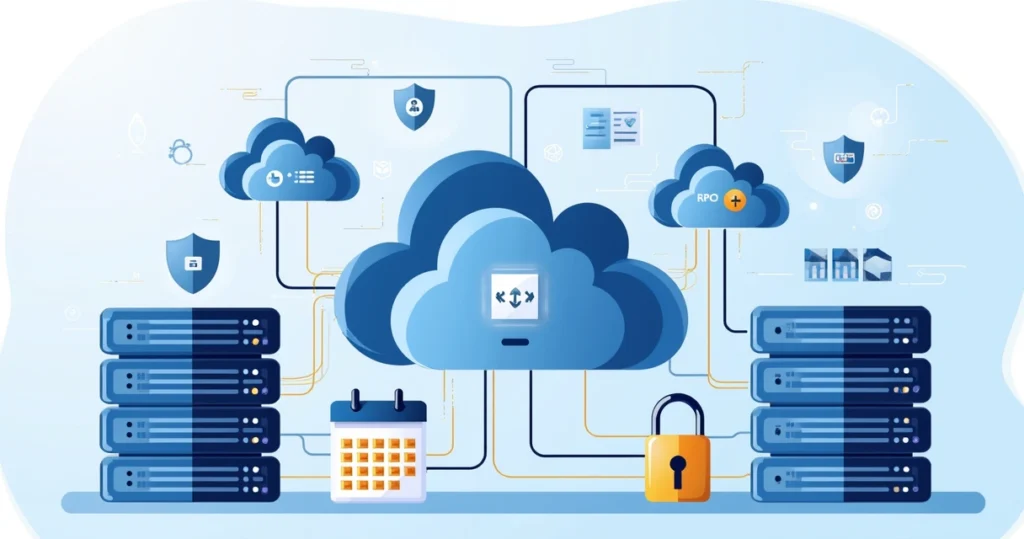 Illustration of IT disaster recovery with cloud servers, data backup, and network protection symbols