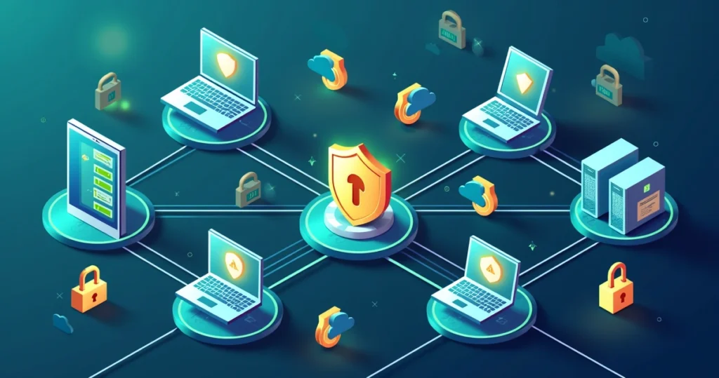 Illustration of endpoint devices connected to a secure network protected by advanced cybersecurity layers