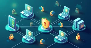 Illustration of endpoint devices connected to a secure network protected by advanced cybersecurity layers