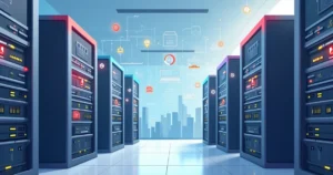 Illustration of a corporate IT infrastructure with warning signs on servers and network devices
