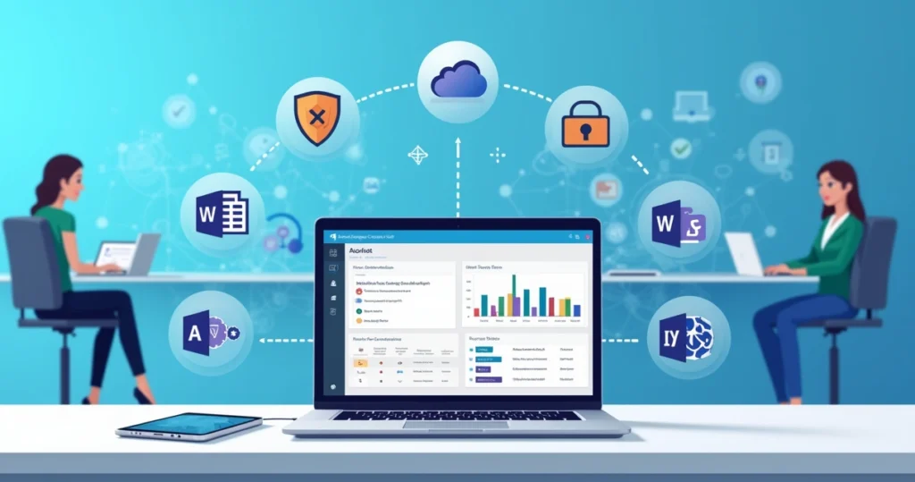 Flat illustration showing seamless Keepit Backup integration with Microsoft 365 apps on a laptop screen