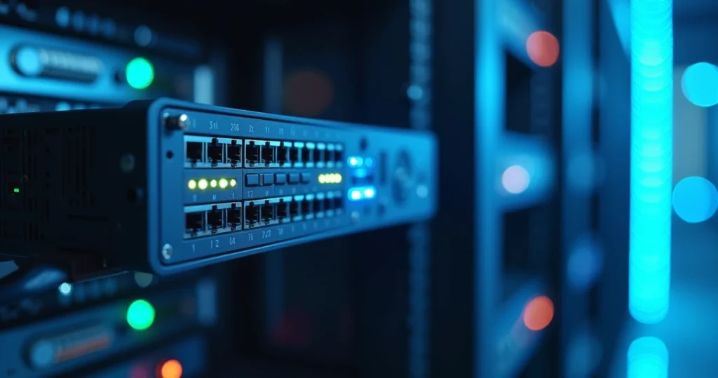 Close-up of a sleek firewall device with glowing LED indicators on a server rack in a modern data center