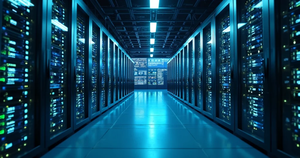Modern file server racks with blinking lights in a high-tech datacenter