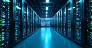 Modern file server racks with blinking lights in a high-tech datacenter