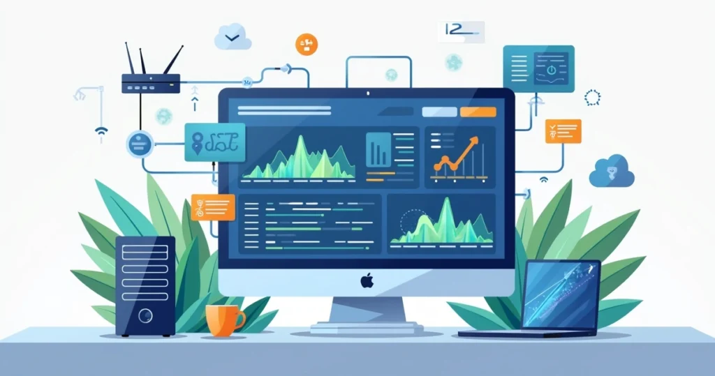Flat illustration of a network monitoring dashboard with network devices and data graphs