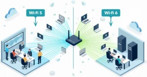 Flat illustration comparing Wi-Fi 6 and Wi-Fi 5 networks with business office devices connected