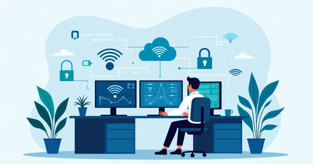 Flat illustration of a professional analyzing wireless network data on multiple screens with network nodes and signal icons around