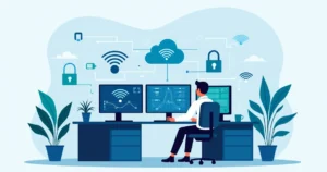 Flat illustration of a professional analyzing wireless network data on multiple screens with network nodes and signal icons around