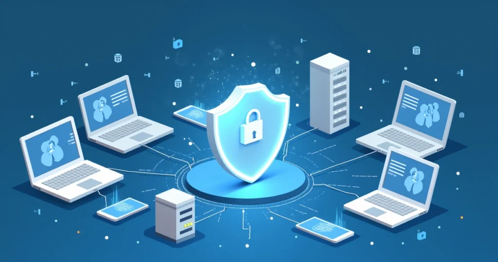 Corporate flat style illustration of a digital shield protecting a network with interconnected devices and secure access icons