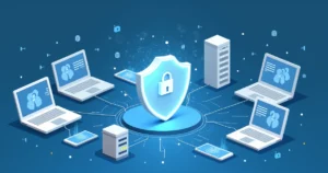 Corporate flat style illustration of a digital shield protecting a network with interconnected devices and secure access icons