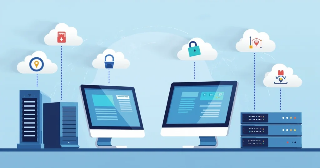Illustration of local backup devices and cloud servers connected by network lines with secure data icons