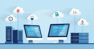 Illustration of local backup devices and cloud servers connected by network lines with secure data icons