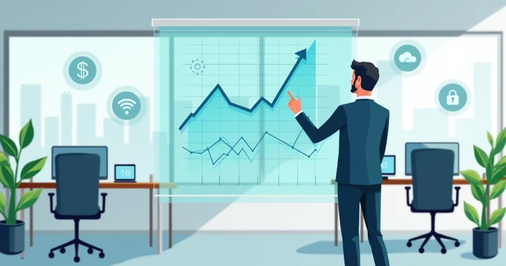 Corporate flat illustration of a business professional analyzing internet costs with charts and graphs on a digital screen