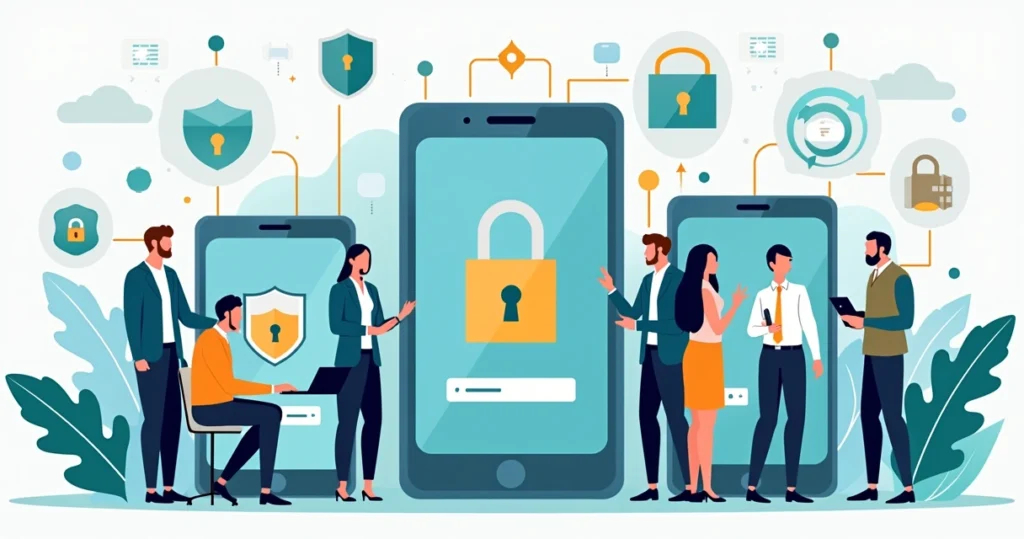 Flat illustration of business professionals securing corporate mobile devices with shield and network icons