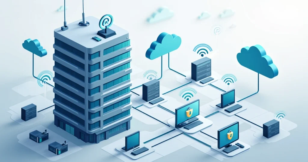 Flat illustration of a corporate office network secured by SD-WAN with wireless signals, cloud servers, firewalls, and connected devices in blue and gray tones