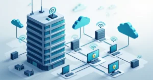 Flat illustration of a corporate office network secured by SD-WAN with wireless signals, cloud servers, firewalls, and connected devices in blue and gray tones