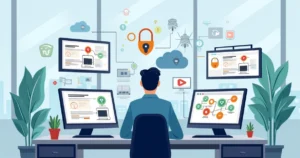 Flat illustration of a corporate IT professional configuring a wireless network with VLAN segmentation on multiple screens
