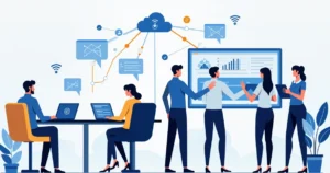 Illustration of IT professionals managing and resolving incidents on multiple devices with network and server icons