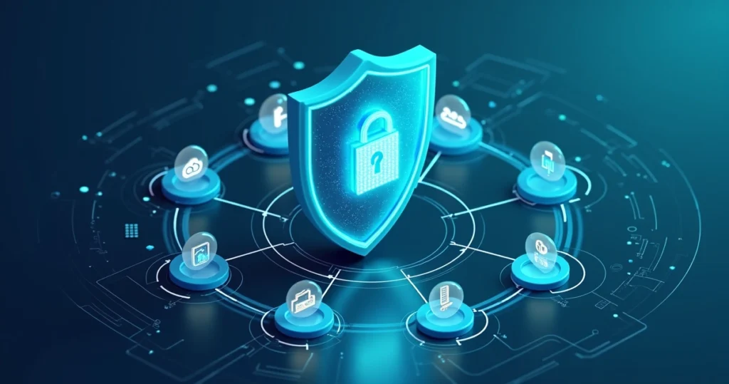 Corporate flat illustration of a digital shield surrounded by wireless network icons and cloud backup symbols with seven glowing steps circling it