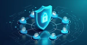 Corporate flat illustration of a digital shield surrounded by wireless network icons and cloud backup symbols with seven glowing steps circling it