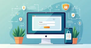 Flat illustration of a computer screen showing multifactor authentication security with a shield and lock symbols