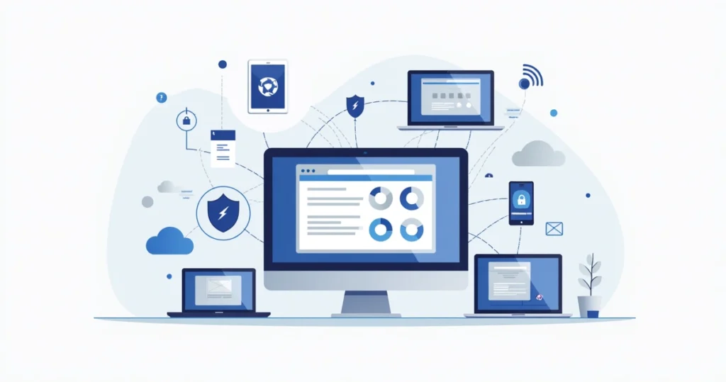Flat illustration of a computer screen displaying Microsoft Intune dashboard managing multiple devices with network and security icons around