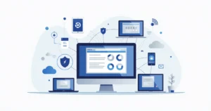 Flat illustration of a computer screen displaying Microsoft Intune dashboard managing multiple devices with network and security icons around