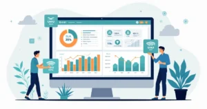 Corporate flat illustration of a business dashboard showing SLA performance metrics and network icons