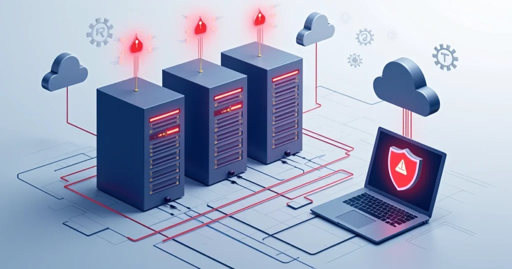Corporate flat illustration of server racks with warning icons, network cables, and a shield firewall symbol