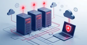 Corporate flat illustration of server racks with warning icons, network cables, and a shield firewall symbol