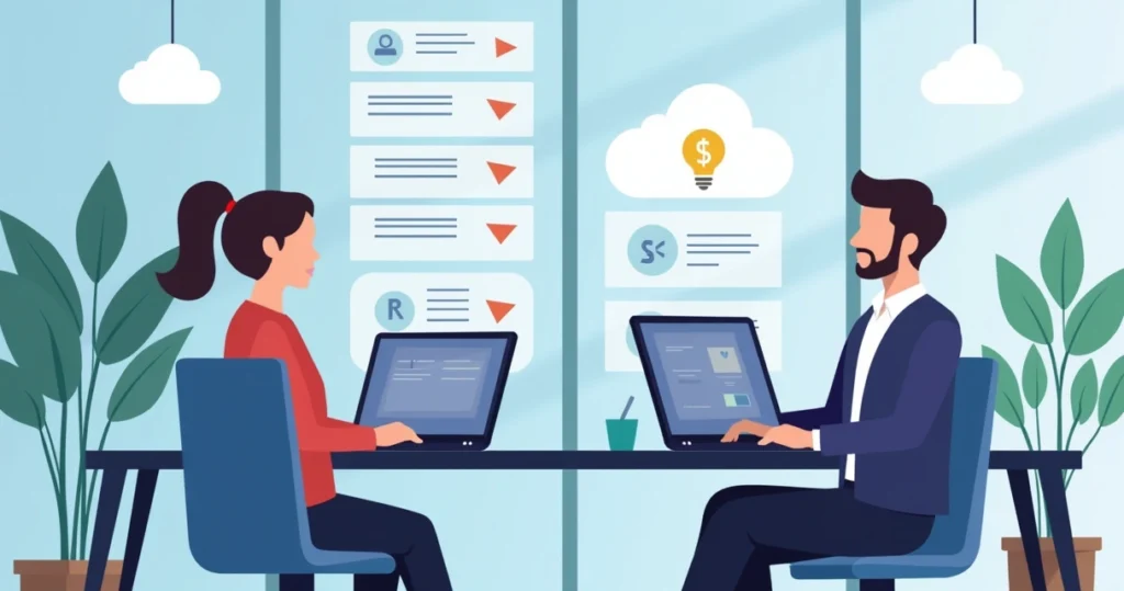 Illustration of IT professionals planning server migration with laptops and cloud icons in an office