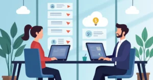 Illustration of IT professionals planning server migration with laptops and cloud icons in an office