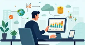 Illustration of a businessperson analyzing software licensing costs on a digital tablet with charts and graphs in a modern office setting