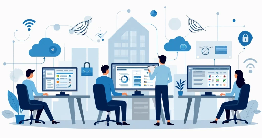 Flat illustration of IT asset management with laptops, servers, cloud icons, and network symbols in an organized workspace
