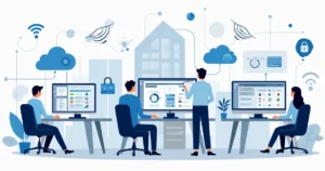 Flat illustration of IT asset management with laptops, servers, cloud icons, and network symbols in an organized workspace
