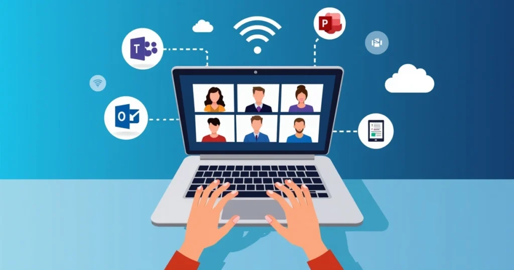 Illustration of a virtual meeting on a laptop screen with Microsoft 365 icons around, showing wireless network signals and cloud backup icons on a blue gradient background